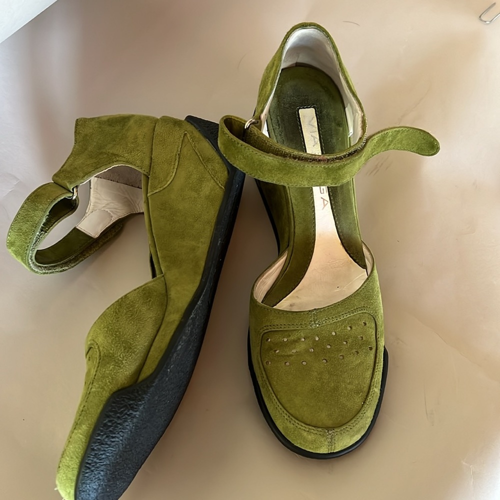 Via Spiga Olive Green Suede Wedge Mary Jane Sandals
